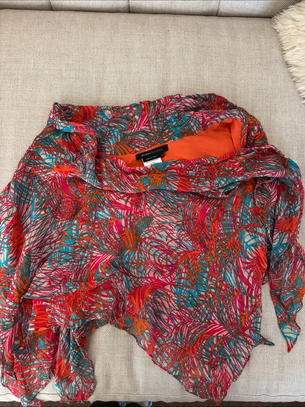 BCBGMaxAzria Pink Orange Teal Abstract Sheer Top